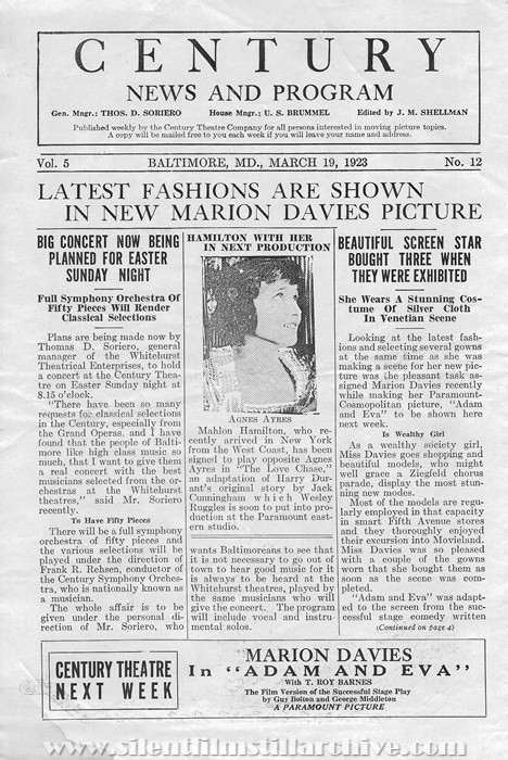 Baltimore, Maryland, Century Theatre program for March 19, 1923