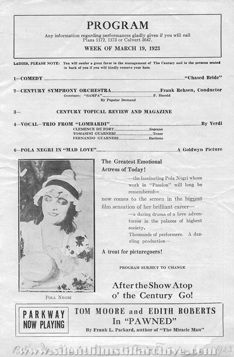 Baltimore, Maryland, Century Theatre program for March 19, 1923
