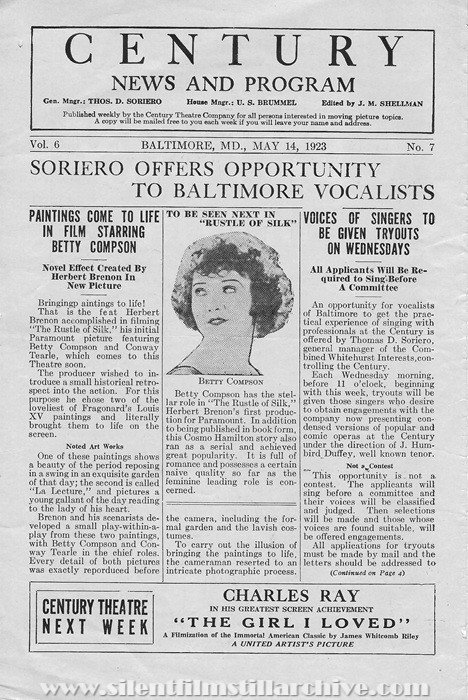 Baltimore, Maryland, Century Theatre program for May 14, 1923