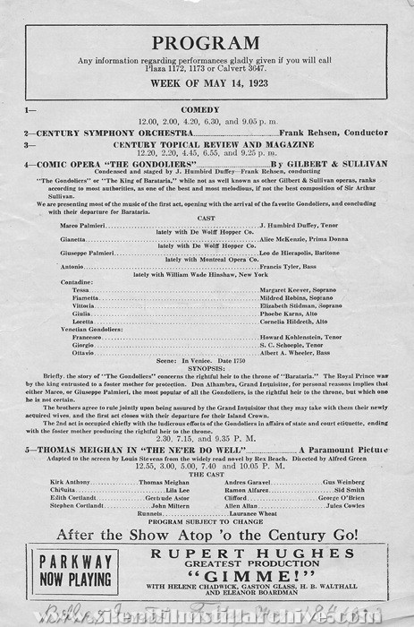 Baltimore, Maryland, Century Theatre program for May 14, 1923