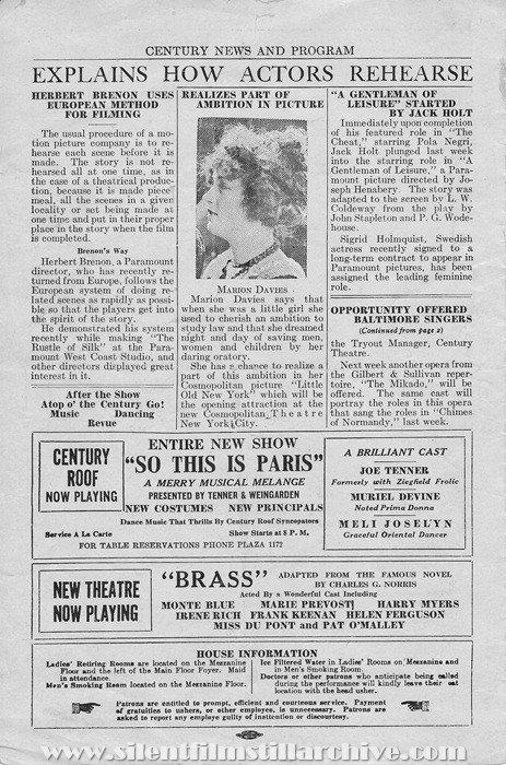 Baltimore, Maryland, Century Theatre program for May 14, 1923