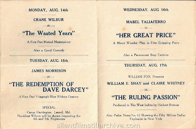 Baltimore Oriole Baseball Park (and outdoor movie theater) program, August 14, 1916