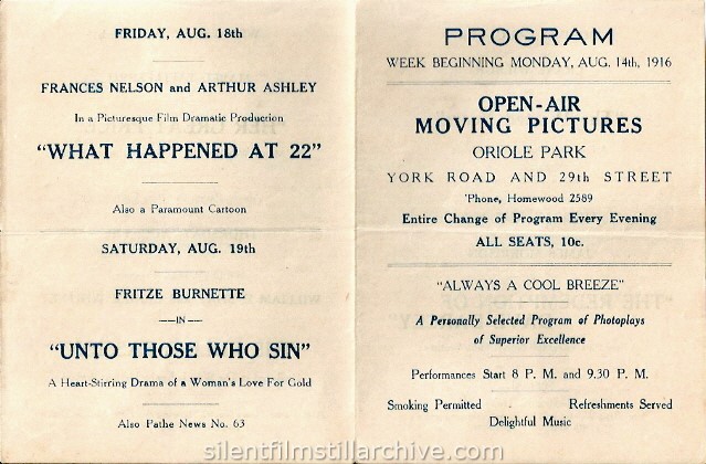 Baltimore Oriole Baseball Park (and outdoor movie theater) program, August 14, 1916