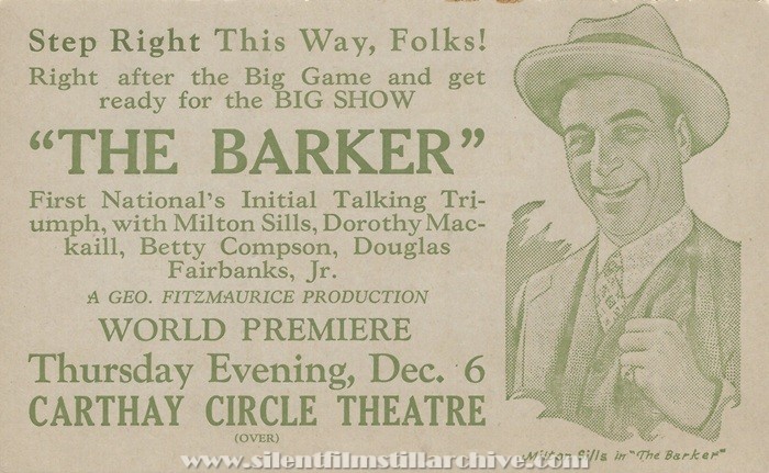 Advertising card for THE BARKER (1928) with Milton Sills