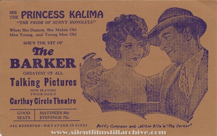 Advertising card for THE BARKER (1928) with Betty Compson and Milton Sills