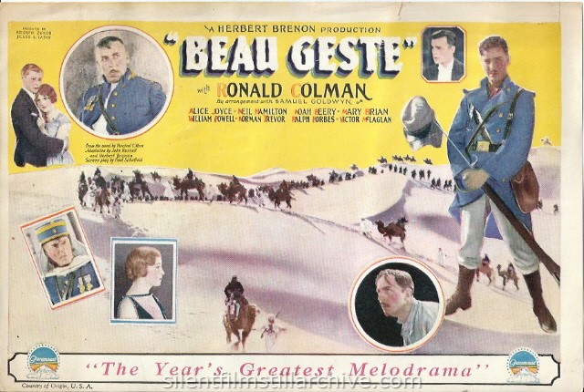 BEAU GESTE (1926) herald with William Powell, Ralph Forbes, Ronald Colman, Neil Hamilton, Alice Joyce, Mary Brian and Noah Beery