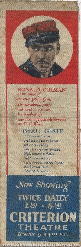 Linen bookmark for BEAU GESTE (1926) at the Criterion Theatre, New York