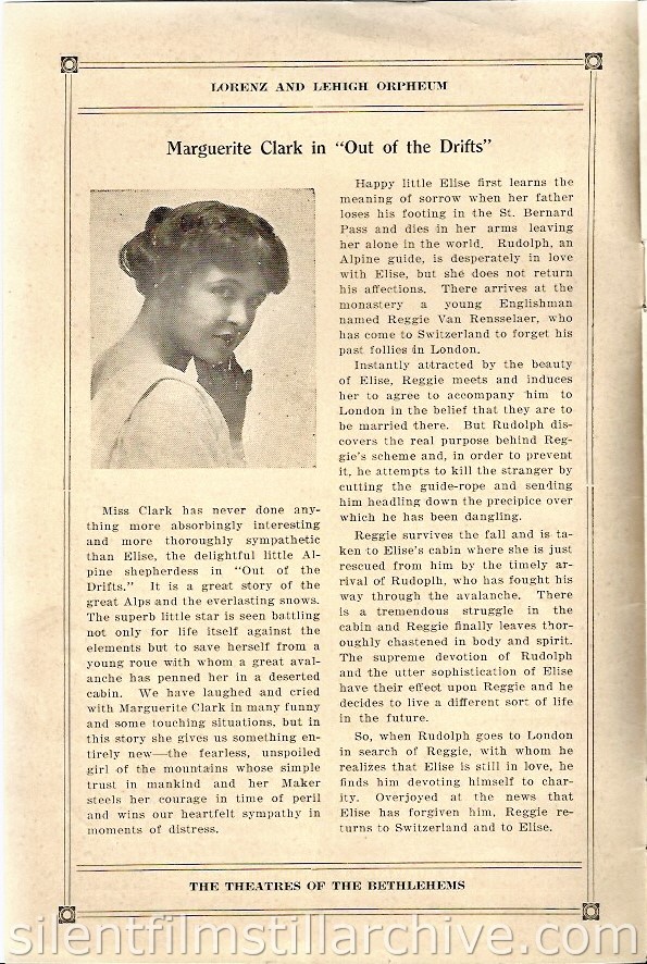 Marguerite Clark in OUT OF THE DRIFTS in the Lorenz and Lehigh Orpheum Theaters program in Bethlehem, Pennsylvania, for the week of May 15, 2015