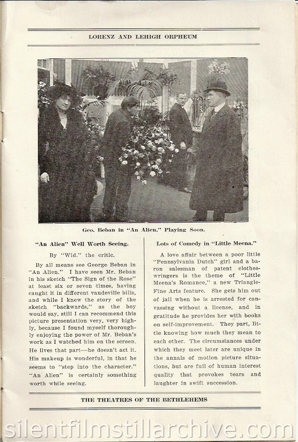 George Beban in AN ALIEN in the Lorenz and Lehigh Orpheum Theaters program of Bethlehem, Pennsylvania, for the week of May 15, 2015