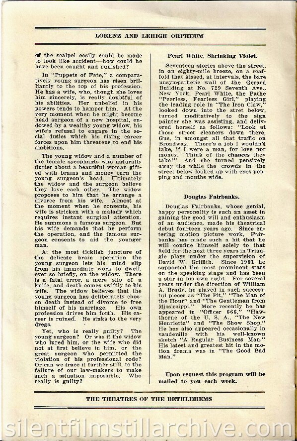 Lorenz and Lehigh Orpheum Theaters of Bethlehem, Pennsylvania, program for the week of May 15, 2015