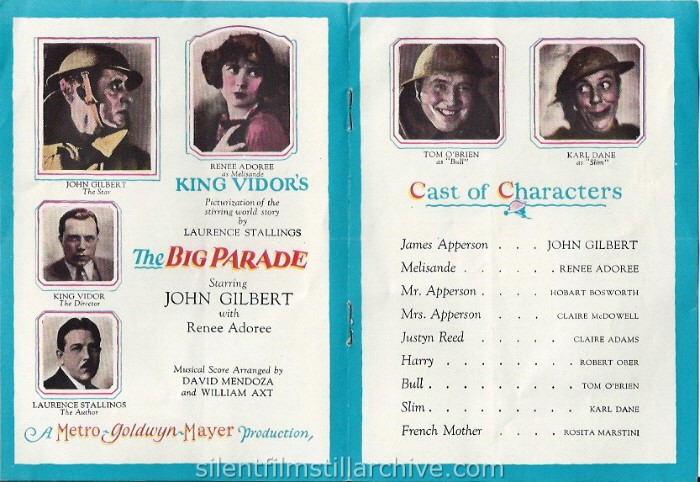 THE BIG PARADE (1925) herald with John Gilbert, Rene Adore and King Vidor.