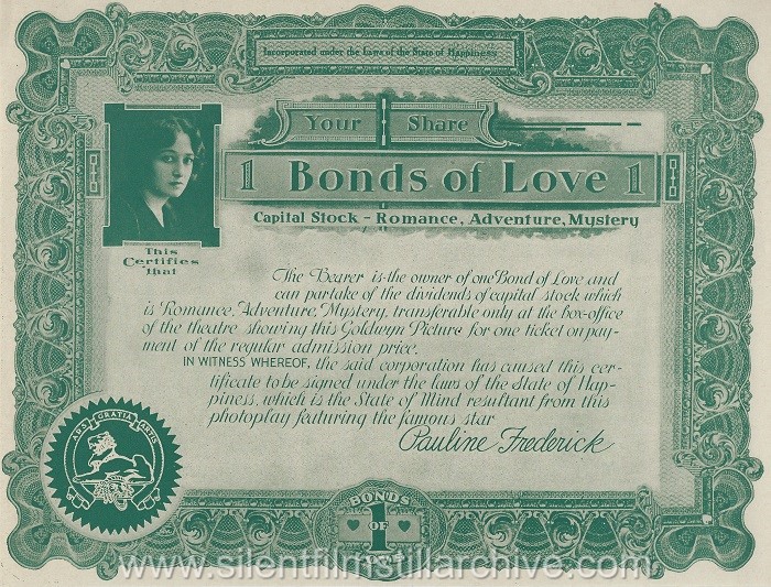 Advertising "bond" for BONDS OF LOVE (1919) with Pauline Frederick