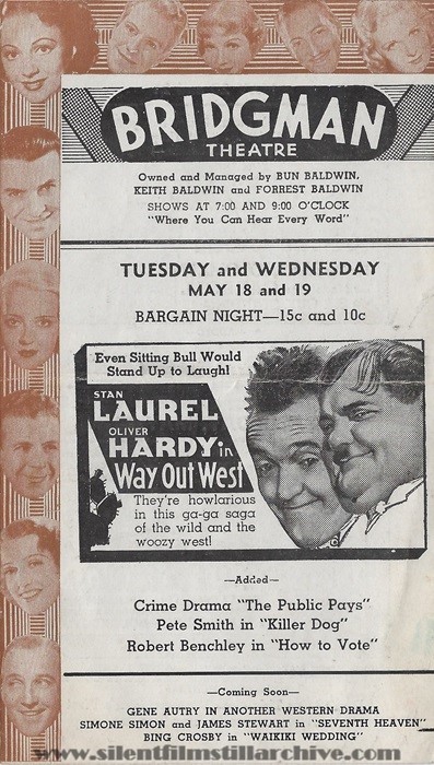 Bridgman, Michigan, Bridgman Theatre program for May 18, 1937 showing WAY OUT WEST (1937) with Stan Laurel and Oliver Hardy