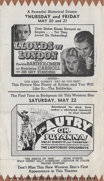 Bridgman, Michigan, Bridgman Theatre program for May 18, 1937 showing LLOYDS OF LONDON (1936) with Freddie Bartholomew and OH, SUSANNA! (1936) with Gene Autry