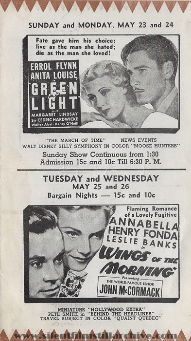 Bridgman, Michigan, Bridgman Theatre program for May 18, 1937 showing GREEN LIGHT (1937) with Errol Flynn and Anita Louise and WINGS OF THE MORNING (1937) with Annabella and Henry Fonda