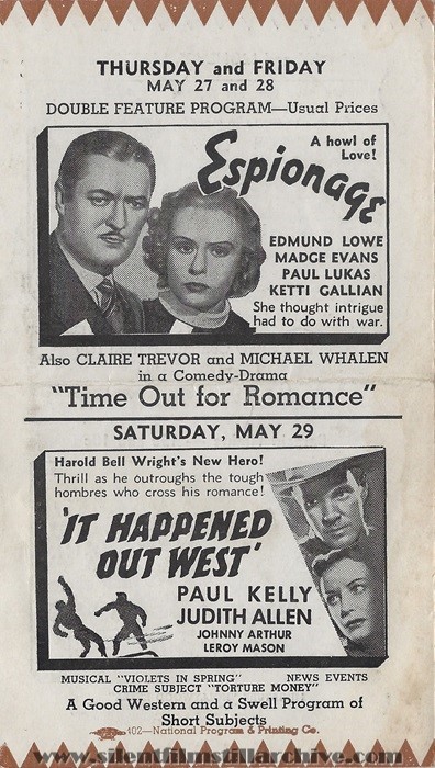 Bridgman, Michigan, Bridgman Theatre program for May 18, 1937 showing ESPIONAGE (1937) with Edmund Lowe and IT HAPPENED OUT WEST (1937) with PAUL KELLY