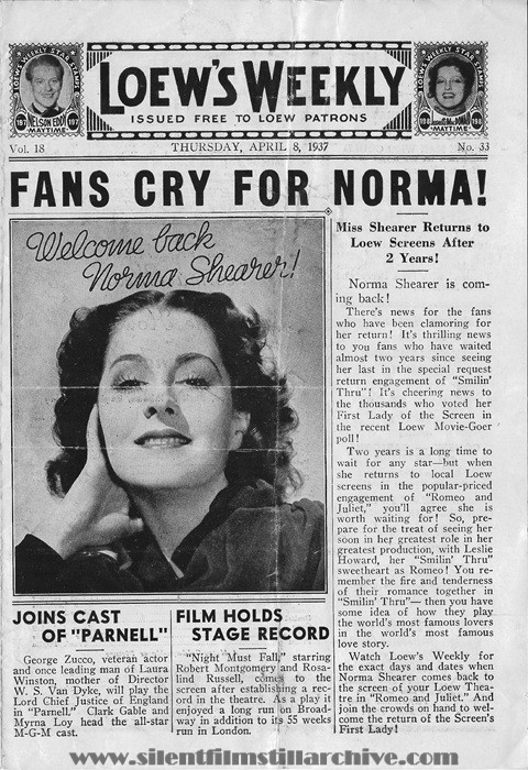 Bronx, New York, Loew's Paradise Theatre program for April 8th, 1937 showing ROMEO AND JULIET (1936) with Norma Shearer
