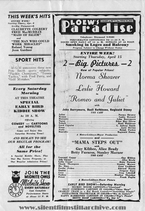 Bronx, New York, Loew's Paradise Theatre program for April 8th, 1937 showing ROMEO AND JULIET (1936) with Norma Shearer