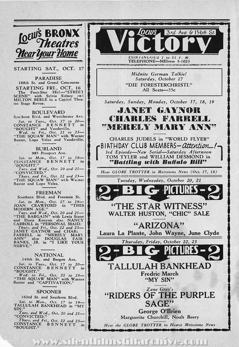 Bronx, New York, Loew's Victory Theatre program for October 10th, 1931