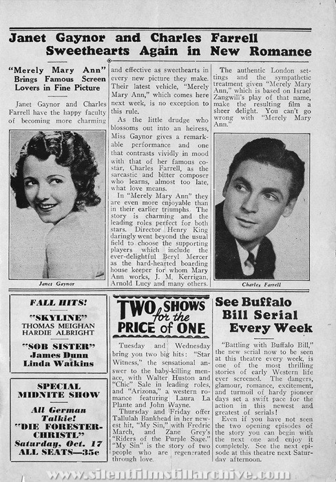 Bronx, New York, Loew's Victory Theatre program for October 10th, 1931 showing MERELY MARY ANN (1931) with Janet Gaynor