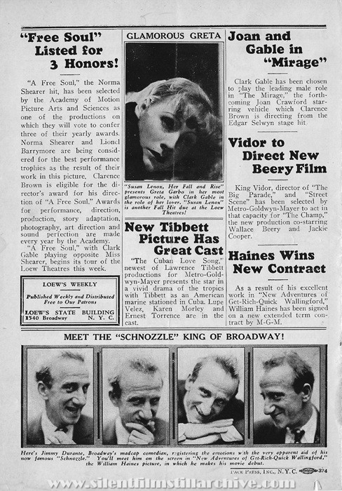 Bronx, New York, Loew's Victory Theatre program for October 10th, 1931