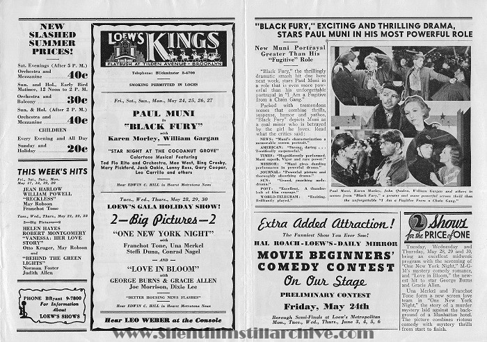 Loew's Kings Theatres, Theatre program, May 17, 1935 featuring BLACK FURY (1935)