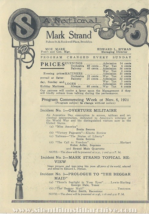 Brooklyn, New York, Mark Strand Theatre program for November 6th, 1921 showing THE BEGGAR MAID (1921) with Mary Astor