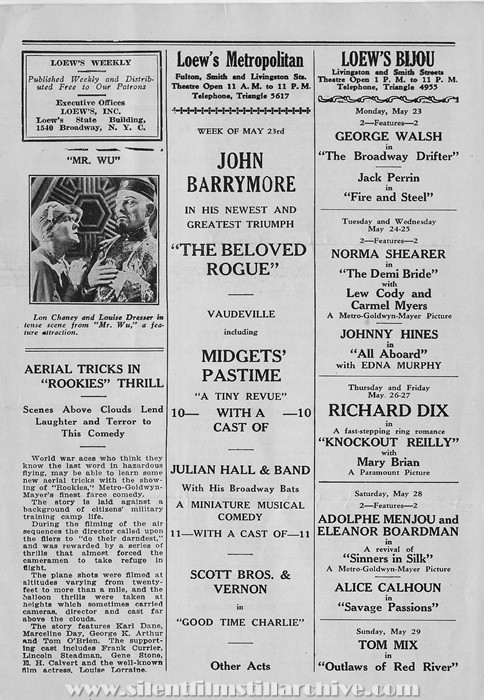 Brooklyn, New York, Loew's Metropolitan Theatre program for May 23rd, 1927