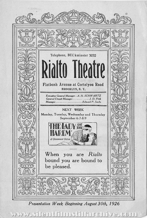Brooklyn, New York, Rialto Theatre program for August 30, 1926 showing THE LADY OF THE HAREM (1926) with Greta Nissen