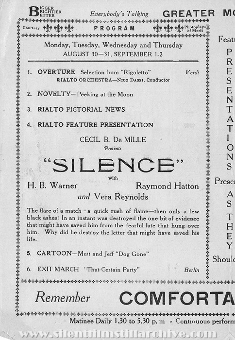Brooklyn, New York, Rialto Theatre program for August 30, 1926 showing SILENCE (1926) with H. B. Warner