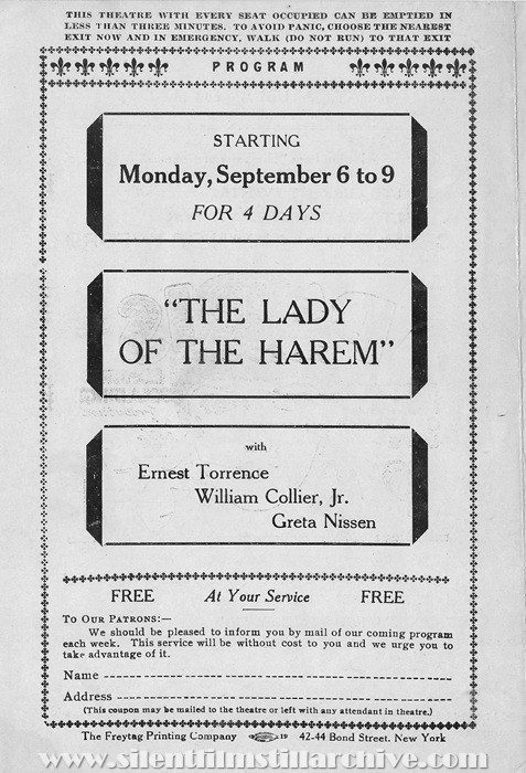 Brooklyn, New York, Rialto Theatre program for August 30, 1926 showing THE LADY OF THE HAREM (1926) with Greta Nissen