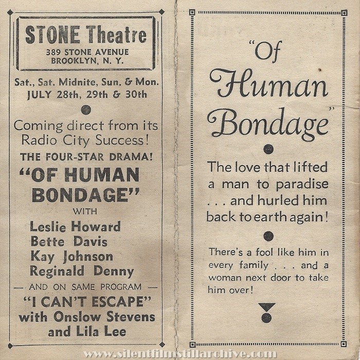 Stone Theatre program, July 28, 1934, Brooklyn, New York, featuring OF HUMAN BONDAGE (1934)