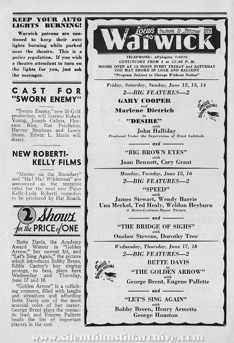 Loew's Warwick Theatre, Theatre program, June 5, 1936