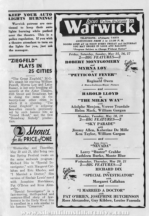 Loew's Warwick Theatre, Theatre program, May 8, 1936