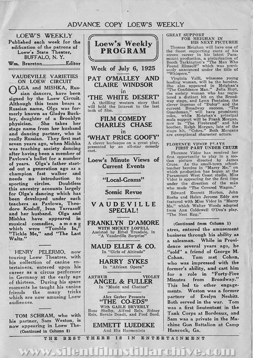 Program for the Loew's State Theater in Buffalo, New York, July 6, 1925