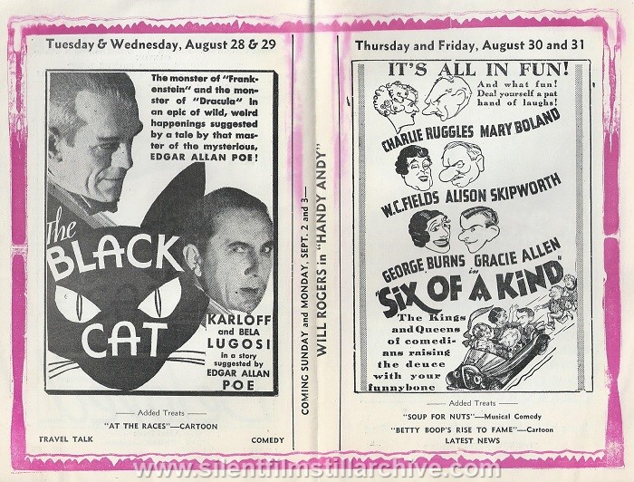 American Theatre program, August 26, 1934, Canton, New York, featuring THE BlACK CAT