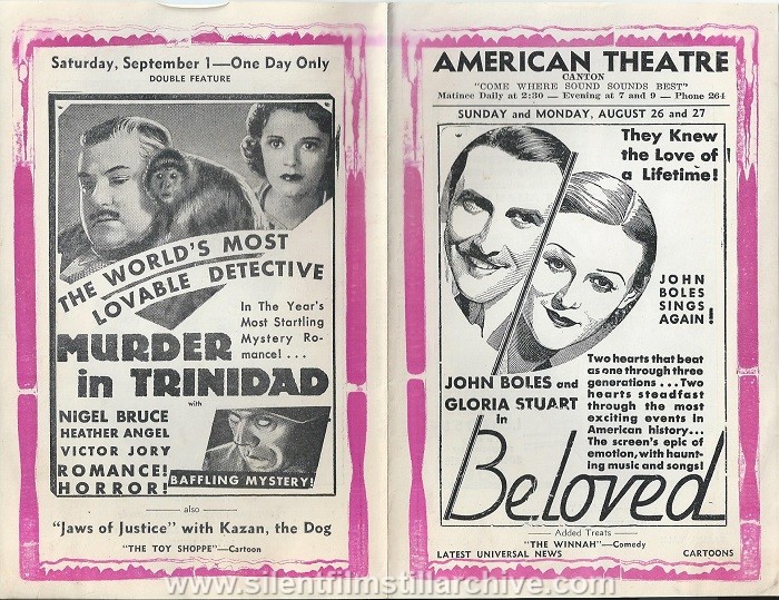 American Theatre program, August 26, 1934, Canton, New York, featuring MURDER IN TRINIDAD