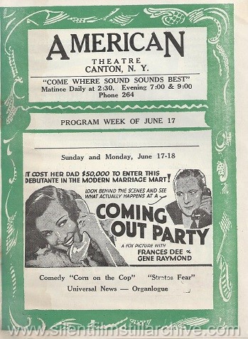 American Theatre program, June 17, 1934, Canton, New York, featuring COMING OUT PARTY