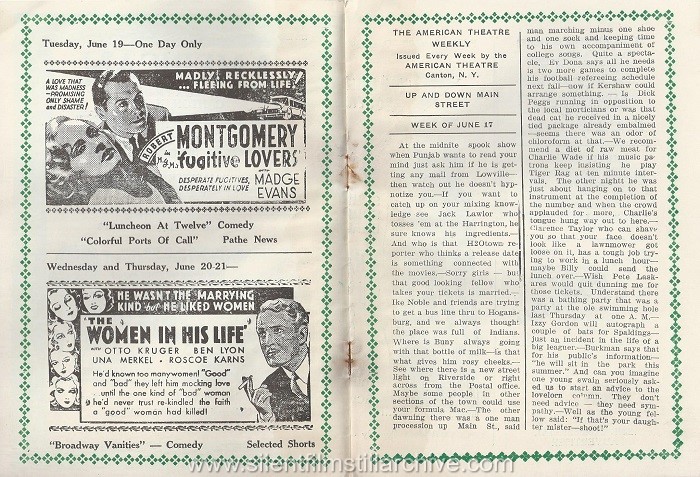 American Theatre program, June 17, 1934, Canton, New York featuring FUGITIVE LOVERS