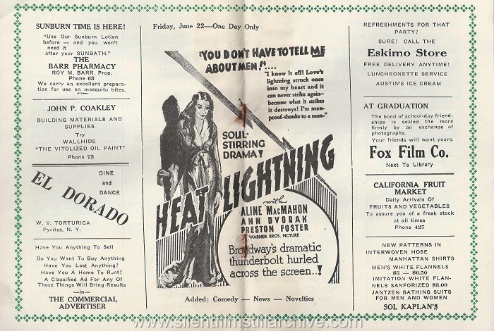American Theatre program, June 17, 1934, Canton, New York featuring HEAT LIGHTNING