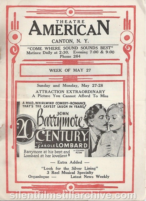 American Theatre program, May 27, 1934, Canton, New York, featuring 20th Century