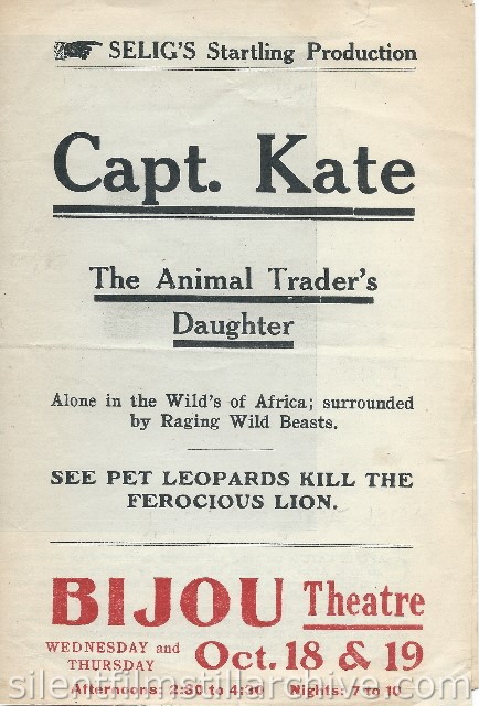 Advertising herald for CAPTAIN KATE, THE ANIMAL TRADER'S DAUGHTER (1911)