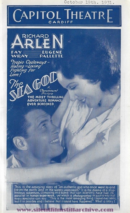 Capitol Theatre, Cardiff, Wales, UK program featuring THE SEA GOD (1930) with Richard Arlen and Fay Wray