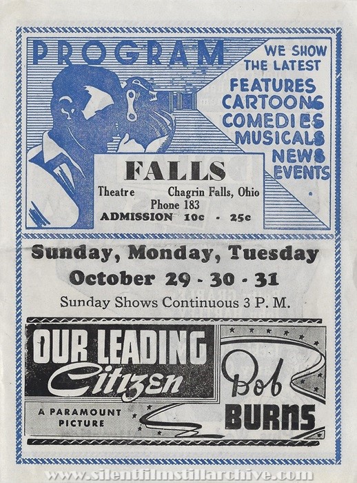 Chagrin Falls, Falls Theatre program for October 29th, 1939