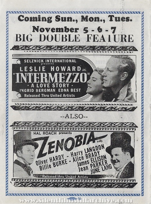 Chagrin Falls, Falls Theatre program for October 29th, 1939, showing INTERMEZZO (1939) with Leslie Howard and Ingrid Bergman and ZENOBIA (1939) with Oliver Hardy and Harry Langdon