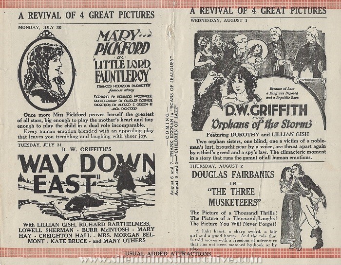 Chicago Chatham Theatre program from July 29, 1923 featuring WAY DOWN EAST