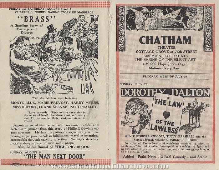 Chicago Chatham Theatre program from July 29, 1923 featuring THE LAW OF THE LAWLESS