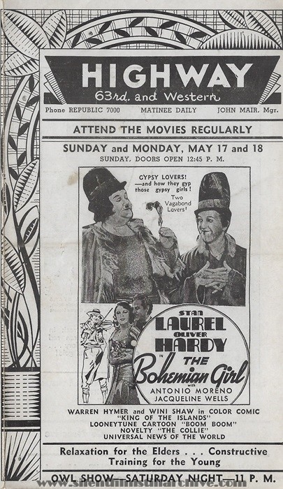 Highway Theater, Chicago, Illinois, program for May 17th, 1936 showing THE BOHEMIAN GIRL (1936) with Stan Laurel and Oliver Hardy