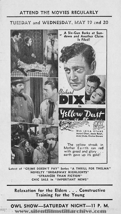 Highway Theater, Chicago, Illinois, program for May 17th, 1936 showing YELLOW DUST (1936) with Richard Dix
