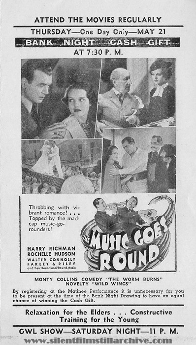 Highway Theater, Chicago, Illinois, program for May 17th, 1936 showing THE MUSIC GOES ROUND (1936) with Rochelle Hudson